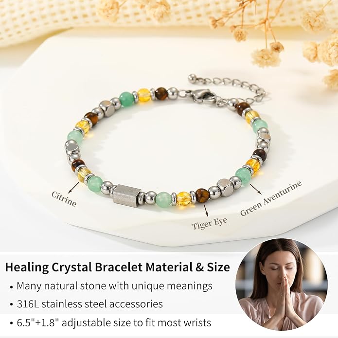 Natural Healing Crystal Bracelet for Women, Triple Protection Anxiety Relief New Beginnings Good Luck Empath Protection Jewelry Gift for Friends Daughter Mom 6.5+1.8 Inches