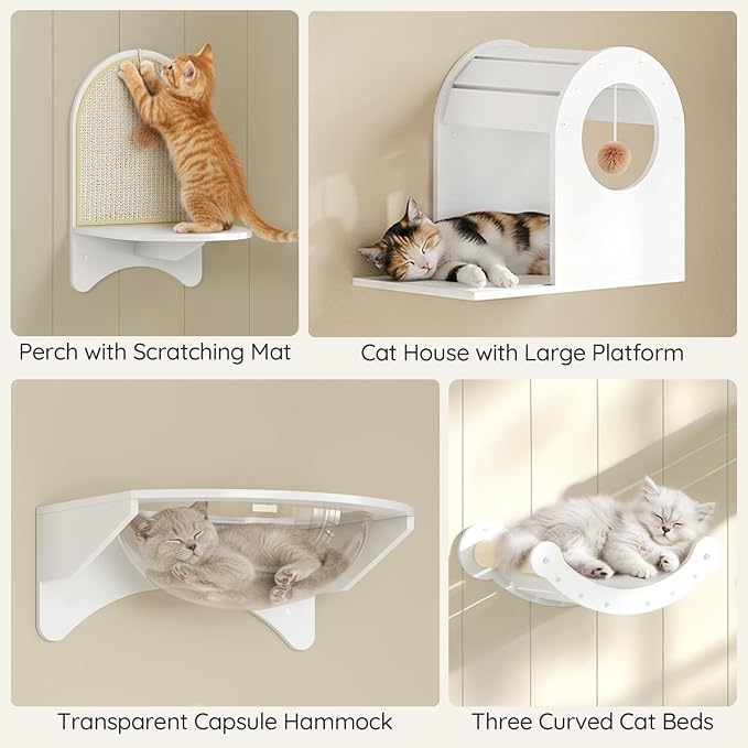 HOOBRO Wood Cat Wall Shelves for Large Cats, Wall-Mounted Cat Shelves and Perches, Cat wall Furniture Set with Cat House, Transparent Capsule Hammock, for Sleeping, Playing & Climbing, White WT48CS03