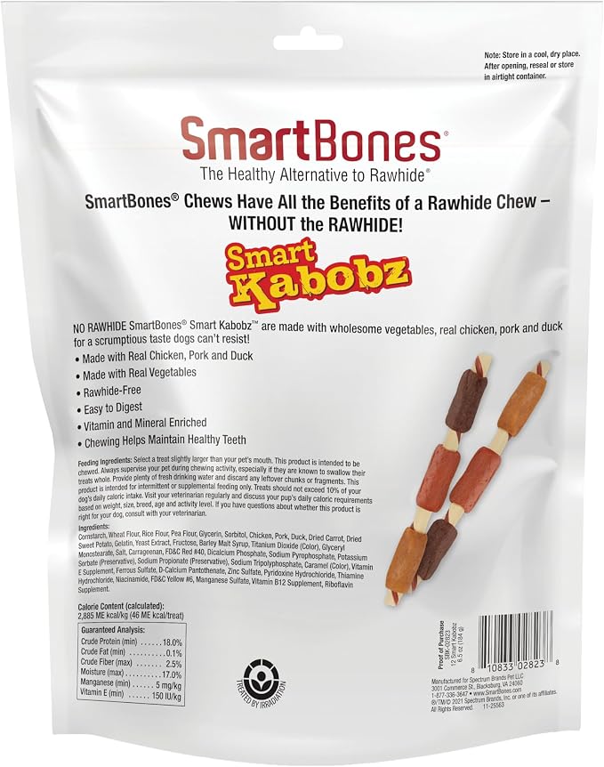 SmartBones Kabobz Rawhide-Free Dog Treat, Chicken, Pork, Duck, 12 Count | Highly Digestible, Vitamin & Mineral Enriched, Supports Dental Health, For Adult Dogs