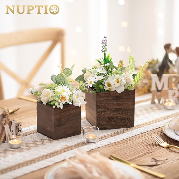 NUPTIO Small Wooden Box for Centerpiece, Brown, Square, 4"/5", 6 Pcs | Farmhouse Wood Vases Planter, for Fall Decor, Windowsill, Home, Garden