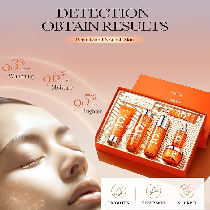 Vitamin C Skincare Set With Cleanser, Toner, Face Serum, Face Cream, Eye Cream And Face Lotion, Facial Skin Care Set For Teenage Girls Travel Size - Vegan, Gluten Free, & Cruelty Free