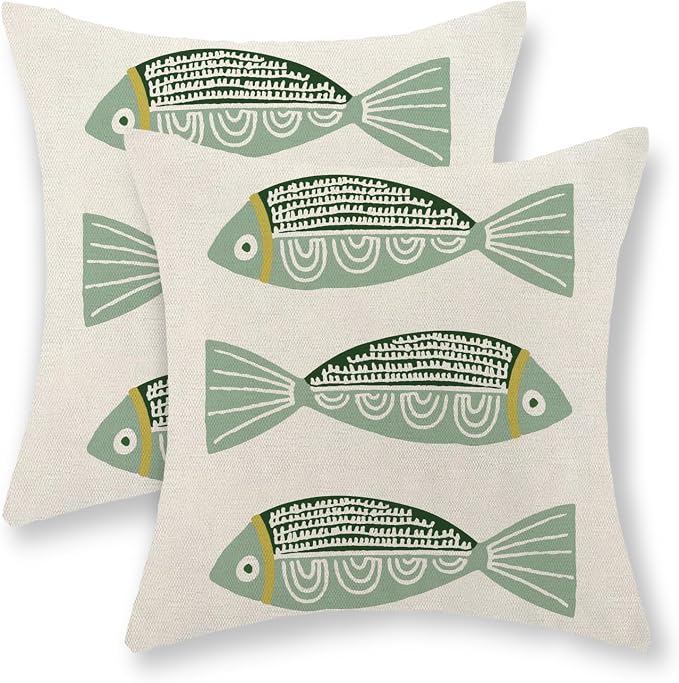 Coastal Pillow Covers 18x18 Inch Set of 2 Ocean Beach Green Fish Throw Pillows Summer Nautical Outdoor Decorative Pillow Cases Linen Farmhouse Cushion Cover for Couch Home Sofa Bedroom Decor
