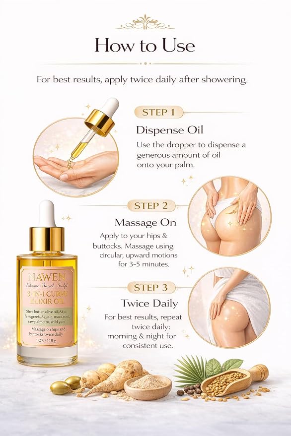 Hips & Buttocks Massage Oil with Fenugreek, Aguaje & Maca Root – Curve Enhancement (8 Ounces)