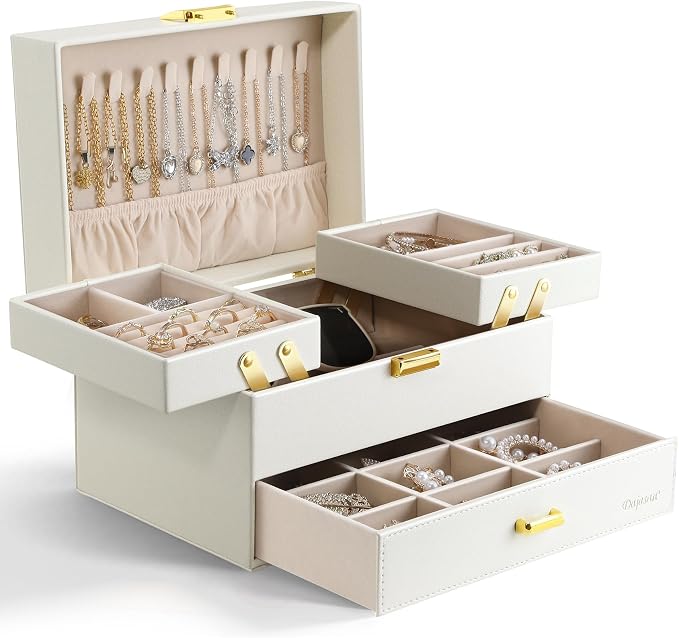 Jewelry Organizer Box, Large Jewelry Boxes for Women Girls, Space-Saving 3 Layers Jewelry Storage Case with Drawer, Movable Metal Stand, Modern, Gift Idea (Cloud White + Gold)