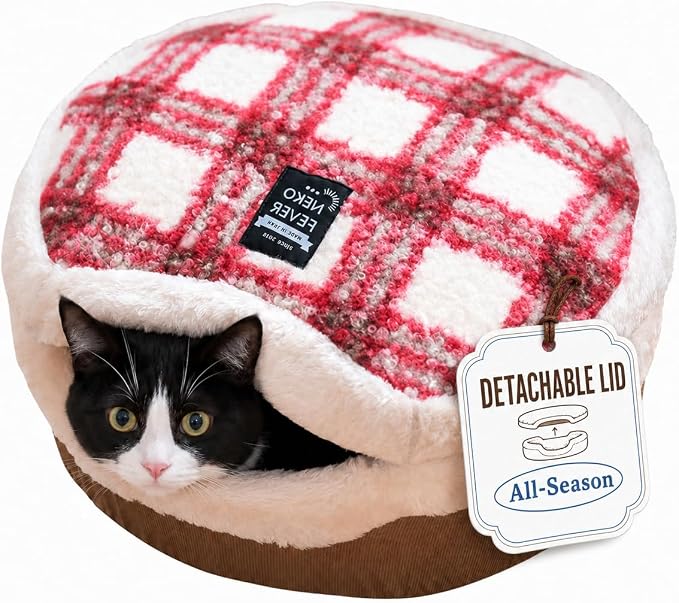 Cat Bed Cave - Enclosed Hideaway with Detachable Lid & Mat for Kitten (Redwhite) | Covered round house, Removable top, Separate liner, Cozy privacy nook, Apartment-friendly shelter, Easy cleaning setup