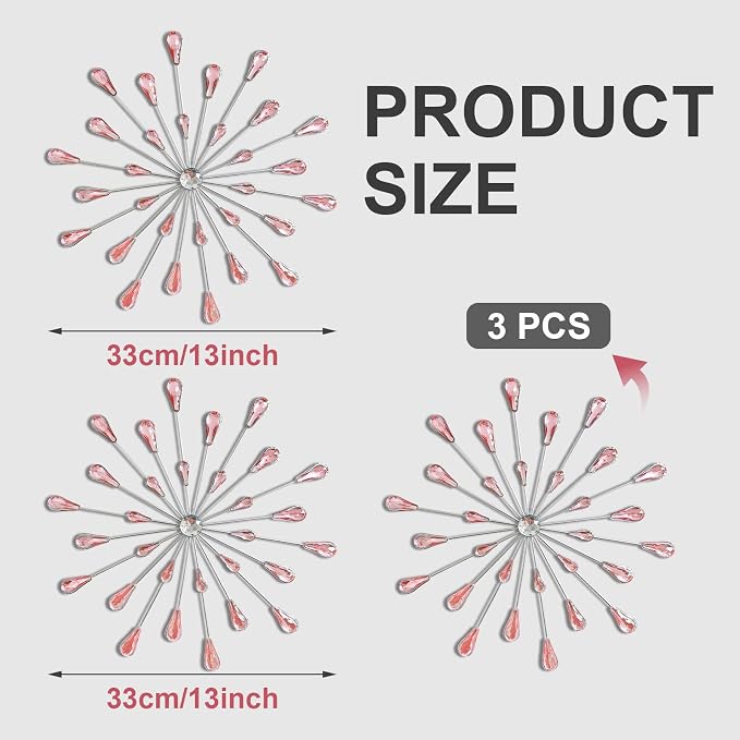 ZEXUIRU 3 Set Silver Starburst Wall Art for Home Decor Metal Bling Crystal Rhinestones Sunburst Wall Decor Sparkling Rhinestone Art Accent Silver - 13in
