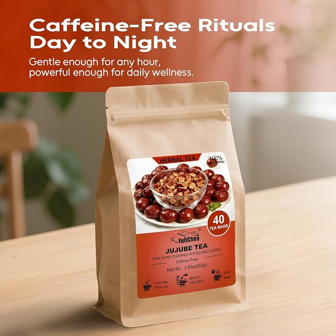 FullChea - Jujube Tea, 40 Teabags – Premium Pitted Jujube Dates Tea Bags – Non-GMO - Caffeine-Free – Naturally Sweet, Smooth and Gently Nourishing – Traditionally Used for Calm Evenings