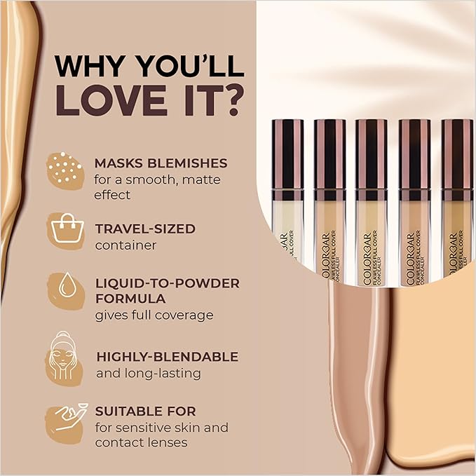 Colorbar Flawless Full Cover Concealer - Face Makeup Concealer with Liquid-to-Powder Formula - Hides Scars and Discoloration - 004 Silk - 0.2 oz