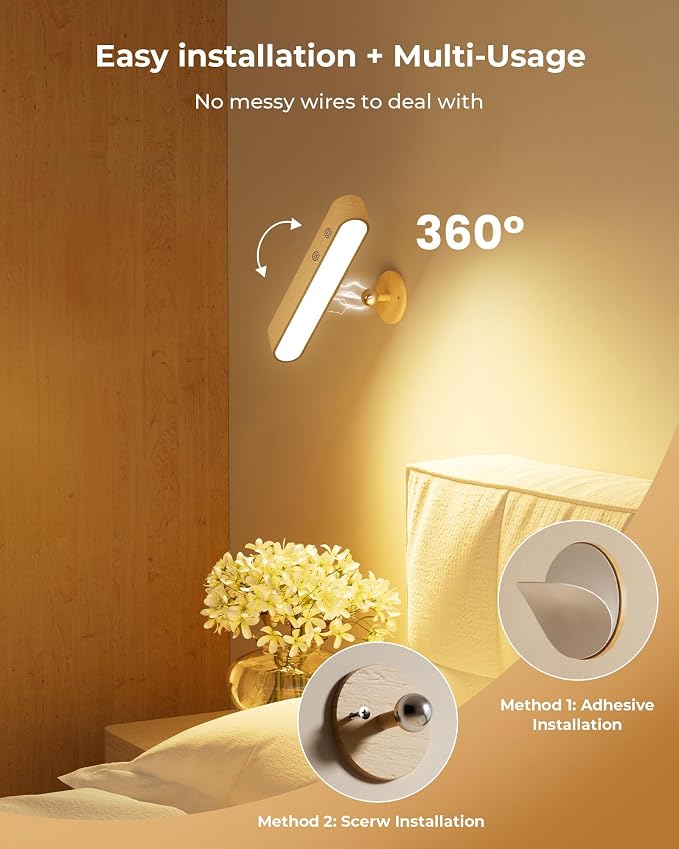 PopoIron 7500 mAh Rechargeable Wall Sconce, Battery Operated LED Wall Light for Bedroom with Remote Control & Touch, 360° Magnetic Rotation, 3 Colours, Dimmable Wood Wall Lamp, 15 RGB Colors, 1p