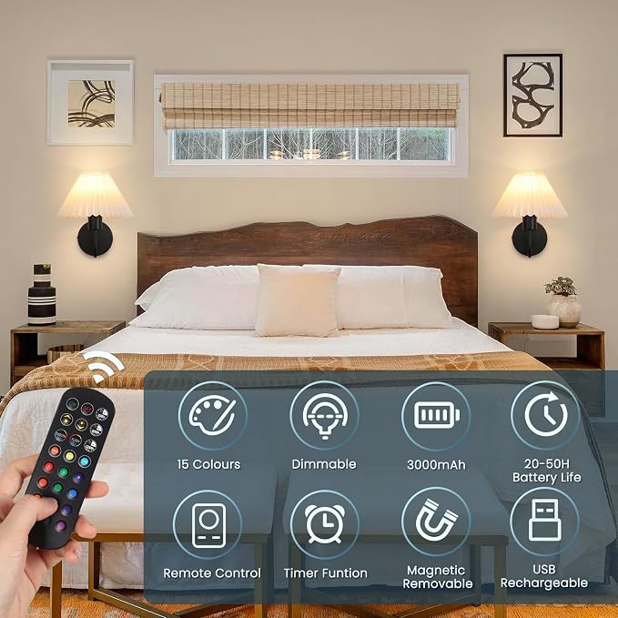 Rechargeable Battery Operated Wall Sconce Sets of 2, 15 Colors Wireless gooseneck Black Wall Lights Fixture with Dimmable Bulbs and Remote, Not Hardwired Wall Mounted Lamps for Bedroom Living Room