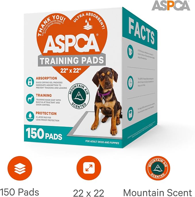 ASPCA - Scented Puppy Pads | Extra Absorbent Dog Training Pads for Cats & Dogs | Leak-Proof Layers | Odor Control & Quick-Dry | Non-Slip & Tear-Resistant | Travel Friendly | Pack of 150 | Size 22"x22'