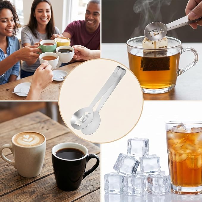 Tea Bag Squeezer, 2 Pcs Stainless Steel Tea Tongs, Teabag Filter, Tea Spoon Tea Bag Strainer Tea Tongs Clip on Strainer Tea Accessories for Loosing Leaf, Gripping Ice Cube, Sugar