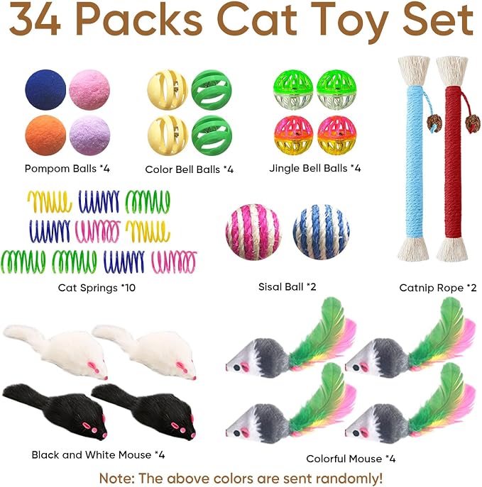 Cat Toys for Indoor Cats, 34 Pack Interactive Cat Toy Set for Kitten