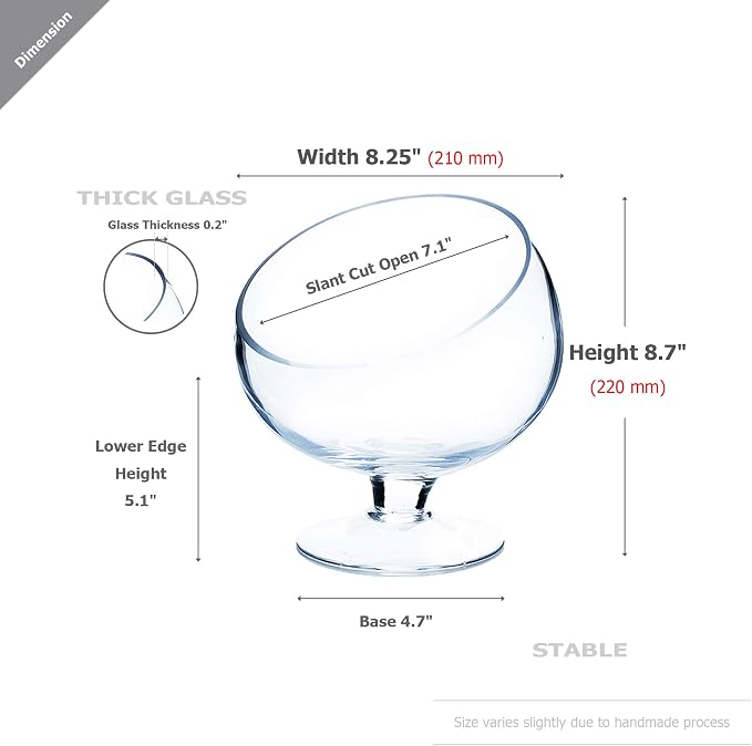 WGV Slant Cut Bowl Glass Vase Bulk with Stand, Width 8.25", Height 8.75", Clear Planter Terrarium, Candy Dish, Fruit Jar for Wedding Party Event, Home Office Decor, 4 Pieces