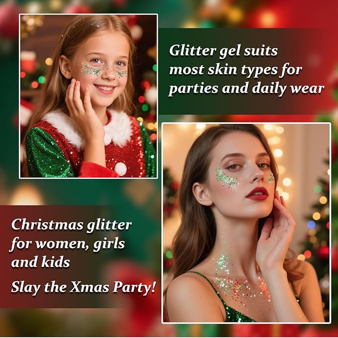 Mysense Red Silver and Green Body Glitter Stick, Christmas Makeup Face Hair Glitter for Kids Women, Stocking Stuffers Gifts Decorations, Sparkling Chunky Glitter Makeup, 0.56oz