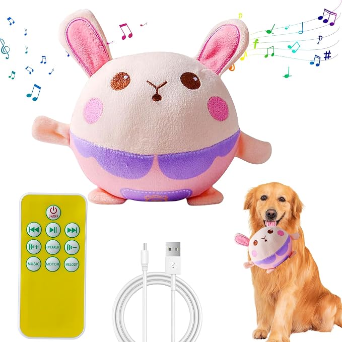 Interactive Plush Dog Toy - Bouncing Rolling Ball With Remote Control and Music, Self-Moving Pet Toy for Small/Medium/Large Bored Dogs (Rabbit)