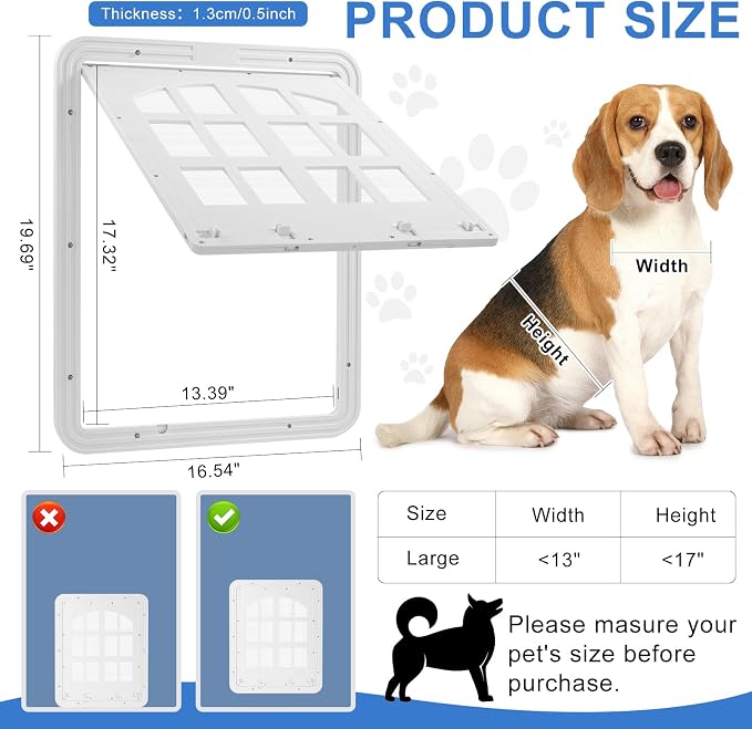 Large Dog Screen Door, 13 x 17 inches Flap Opening Dog Door for Screen Door with 4 Entry Ways, Magnetic Self-Closing Pet Screen Door for Dogs Cats, White