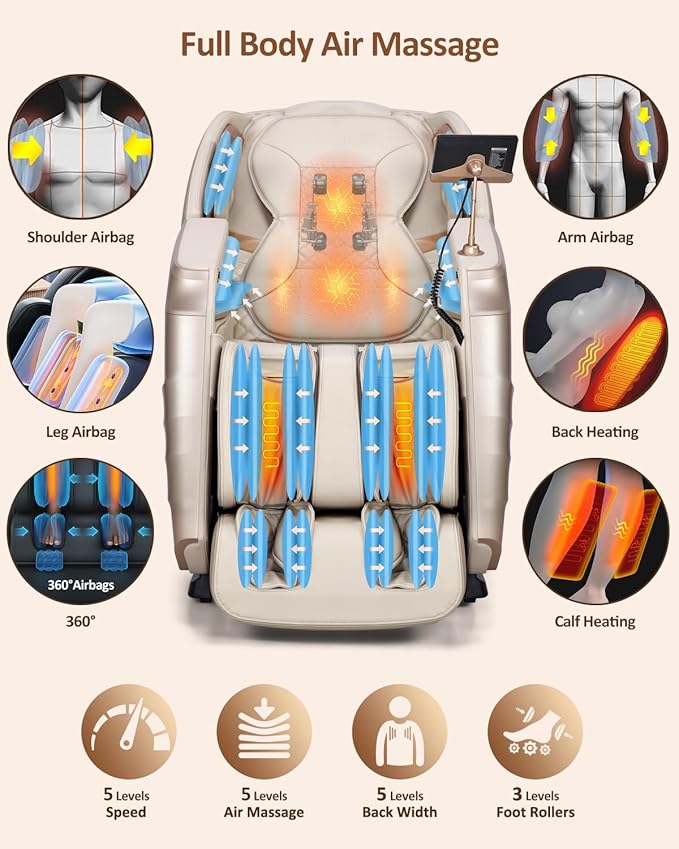 RELX Massage Chair Full Body, 20 Modes Zero Gravity SL-Track Shiatsu Massage Chair Built-in Heat System, Airbag Massage with Body Scan, Deep Yoga Stretch, Calfrest Extension and AI Control(Cream)
