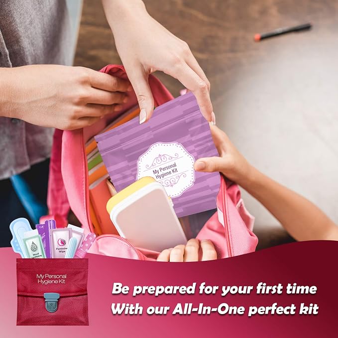 Menstrual Kit All-in-One | Convenience on the Go | Single Period Kit Pack for Travelling, Tweens & Teenagers or Emergency situations | Individually Wrapped Feminine Hygiene Products (Purple)