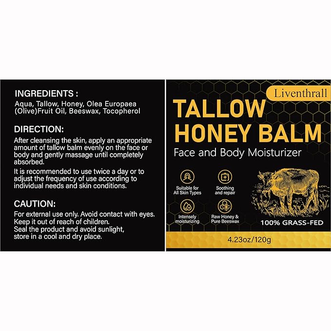 Organic Beef Tallow Honey Balm for Skin & Face, Whipped Beef Tallow Face Moisturizer with Raw Honey, Grass Fed Cow Beef Tallow Cream, All Natural Pure Body Lotion for Women & Men, Unscented 4.2 OZ