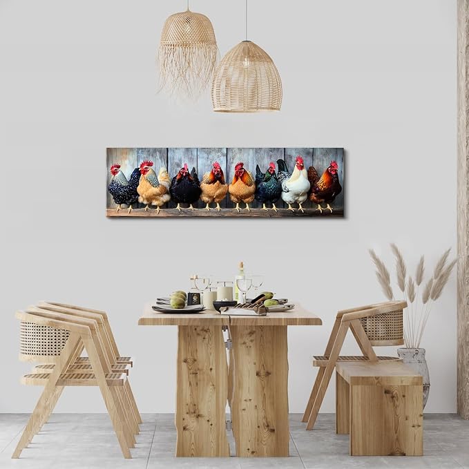Country Chicken Wall Art Rooster Kitchen Wall Decor Rustic Farmhouse Coop Picture Canvas Prints for Dining Room Decorations Colorful Farm Animal Poster Painting Artwork Cabin Home Decor 14x48”