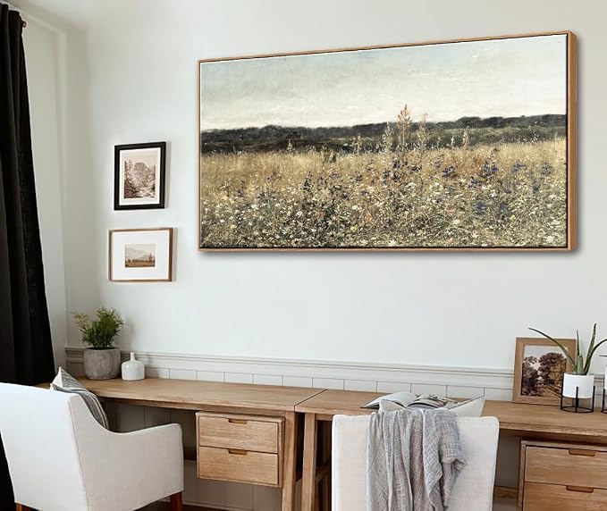 DJSYLIFE Oversized Framed Wall Art, Wildflower Landscape, 29.5 x 57.9 Inch | Extra Large Painting, Vintage Canvas Prints, Ready to Hang, Classical Flowers Pictures, Farmhouse Living Room Bedroom Decor