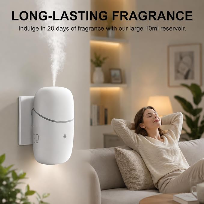 Waterless Diffuser, Essential Oil Diffuser with Low/High Modes, Plug in Diffuser with Night Light & Timer, Quiet Wall Aromatherapy Diffuser for Home, Living Room, Bedroom, Bathroom, White