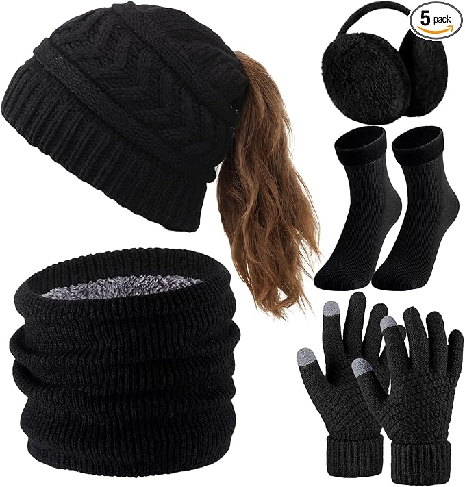 SATINIOR 5 Pcs Winter Hat Scarf Gloves Set Fleece Warm Lined Knit Beanie Hat Touch Screen Earmuff Gloves Warmer for Women(Black,Ponytail Style)