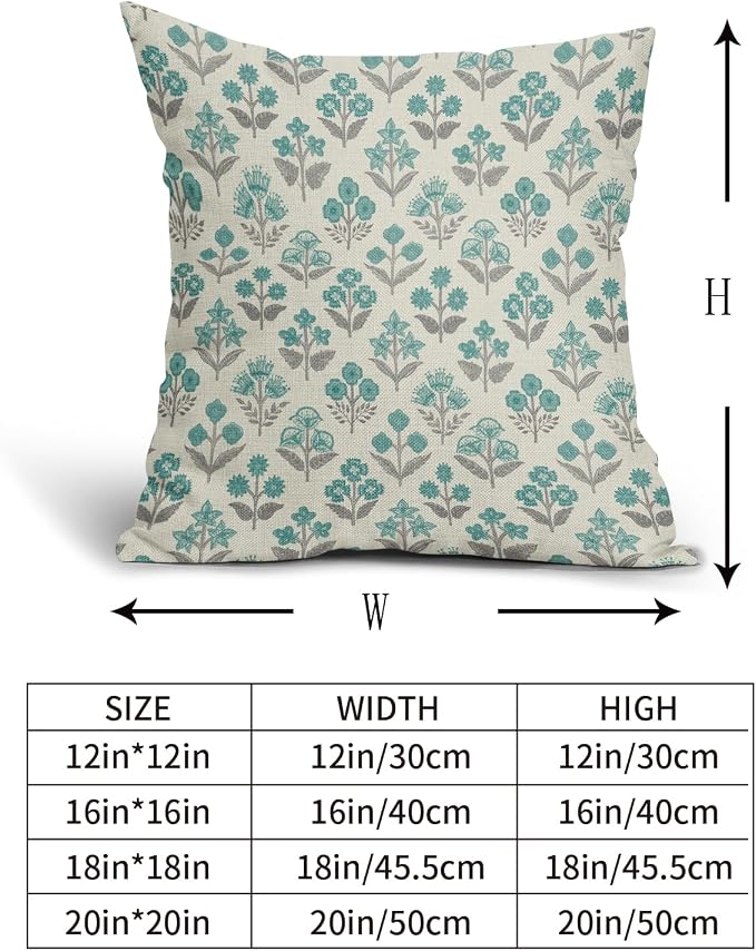 Teal Grey Gray Floral Pillow Covers 22x22 Inch Set of 2, Vintage Flower Block Print Pattern Decorative Throw Pillowcases Outdoor Farmhouse Cushion Covers Spring Summer Rustic Sofa Couch Bed Decor