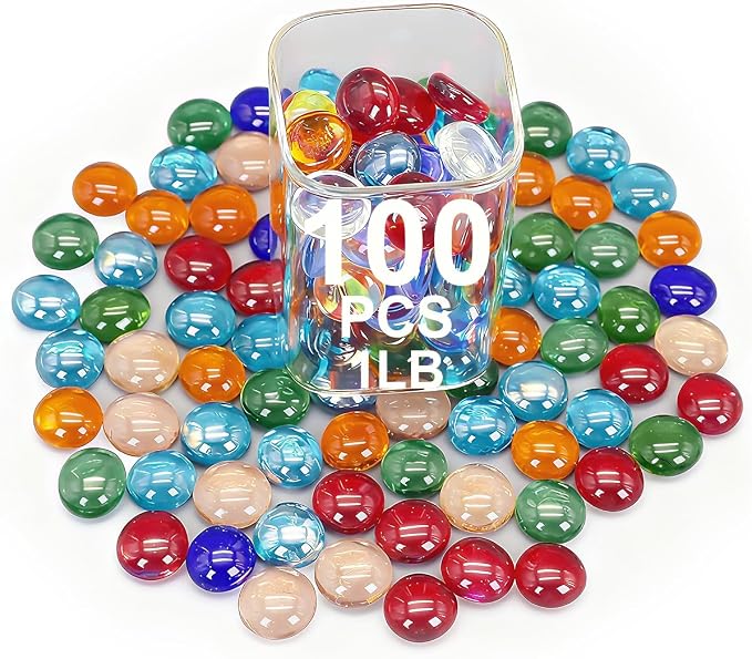 Mixed Gemstone Flat Bottom Glass Beads for Vase, Aquarium & Fish Tank | Mixed Color Decorative Stone Vase Fillers for Planter, Crafts, Home Art Decoration (Colorful, 1 Pound)