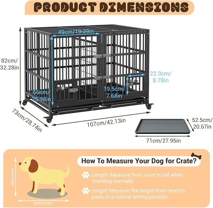 42 Inches Heavy Duty Dog Crate, Large Metal Dog Kennel with Flexible Divider, 2 Door, Feeding Bowls, Dog Cage House with Removable Tray and Wheels for Small Medium Large Pets
