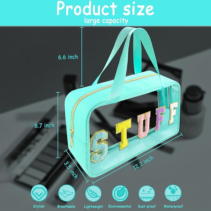 Bunliuys Chenille Letter Clear Makeup Bag with Stuff Patch, Travel Toiletry Makeup Bag with Handle, Nylon Waterproof Cosmetic Bag, Preppy Patch Makeup Bag for Women (Light Blue)