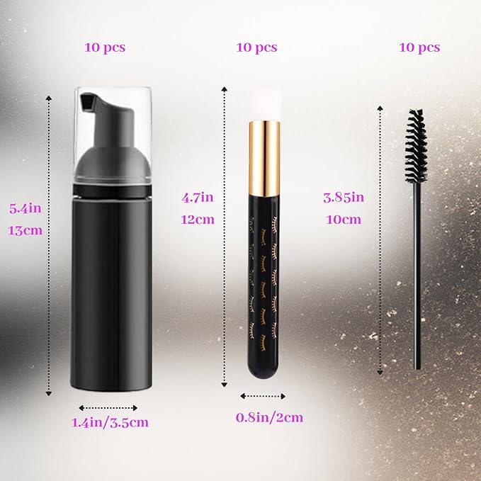 60 Pcs Lash Shampoo Bottle Brushes Kit 10 Empty Foam Pump Dispensers 10 Bath Label Stickers & Care Cards 10 Mascara Wands 10 Cleansing Brush 10 Bag for Eyelash Extensions Aftercare Branding (Black)