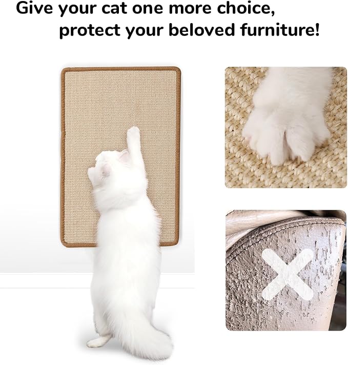 FUKUMARU Cat Scratcher Mat, 23.6 X 15.7 Inch Natural Sisal Cat Scratch Mat | Horizontal Cat Scratching Pad Mat Floor Rug with Sticky Tapes, Cat Wall Scratcher for Indoor Cats, Protect Couch and Carpet