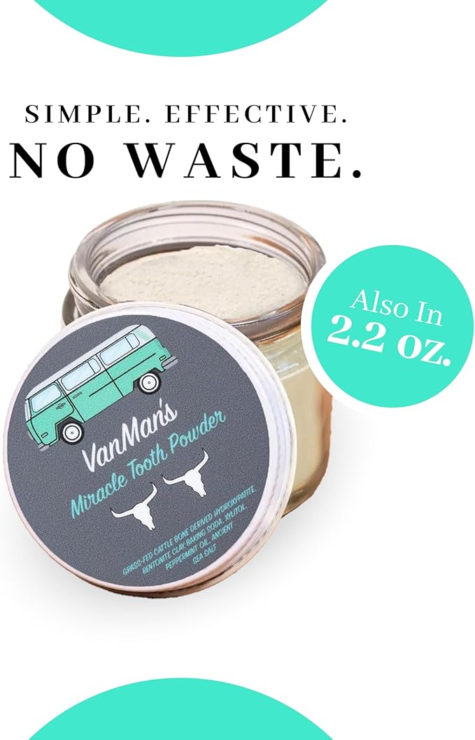 Vanman’s - Tiny Mint and Bone Tooth Powder Toothpaste - Flouride-Free Whitening Tooth Powder with Cattle Bone Derived Hydroxyapatite, Bentonite Clay, Peppermint Oil - Remineralizing - 0.25 oz