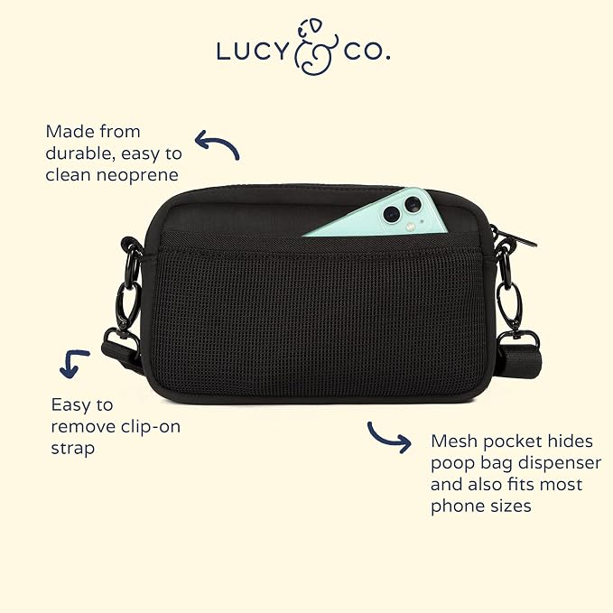 Lucy & Co. Crossbody Treat Pouch, Fanny Pack, Shoulder Bag - Wear 3 Ways, Hidden Poop Bag Dispenser, Zip Treat & Phone Pocket, Dog Accessories (Black)