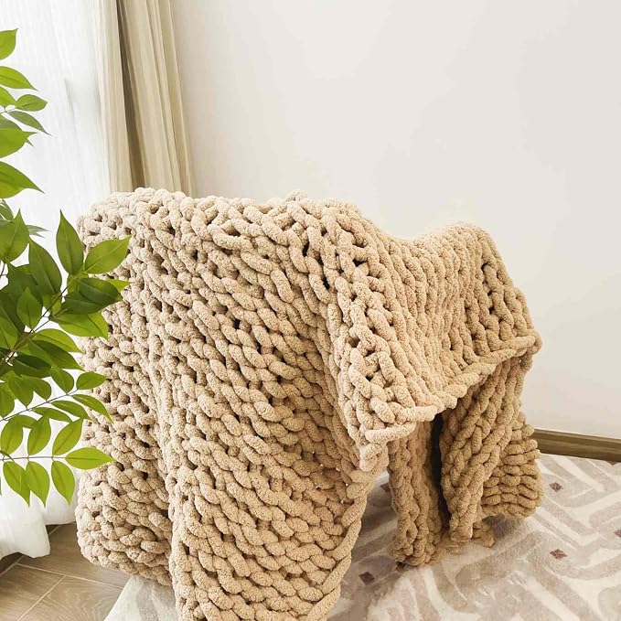 Soft Chunky Knit Throw Blanket for Couch, Cozy Warm Knitted Blankets | Hand Knit with Jumbo Chenille, Lightweight Warm Fluffy Decor for Women, Mom, Her & Girls, Sofa, Chair, Bed, 48"x71" (Tan)
