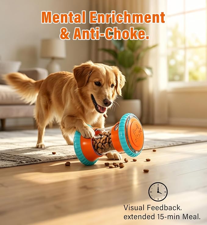 Dog Slow Feeder Toy & Enrichment Puzzle, Interactive Treat Dispenser for All Breeds, Freeze-Dried Compatible Dual Port, Quiet Rubber Wheels, Dishwasher Safe, Boredom & Anxiety Relief