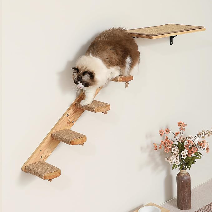 FUKUMARU Cat Climbing Shelf Wall Mounted, Large | Four Step Cat Stair, Natural Jute Scratching, Solid Rubber Wood, Kitten Shelves Furniture