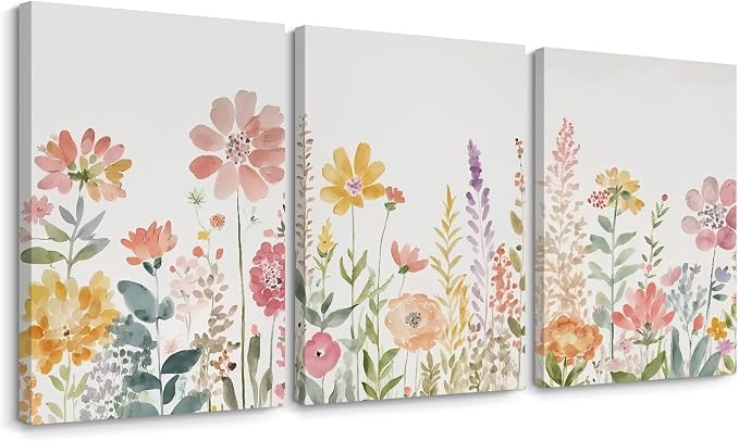 Watercolor Wildflower Wall Art Decor Colorful Flower Pictures Canvas Floral Botanical Wall Art Vintage Prints Poster Floral Painting Artwork for Living Room Bedroom 12x16 Inch Framed Set of 3