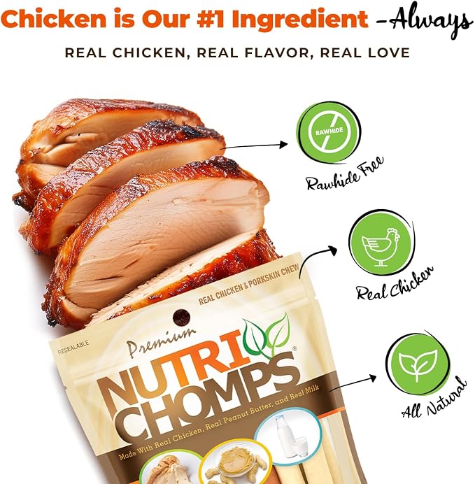 Nutri Chomps Rawhide Free Dog Chews, Chicken/PB/Milk, 5in Twists, 15ct, 2pk | Long-lasting chew. High protein, low fat, healthy & delicious treat for dogs.