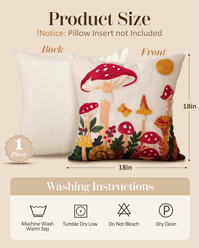 Embroidered Throw Pillow Cover 18x18 Inch, Mushroom Moon | Decorative Pillow Cover, Boho Cottagecore Cushion Case with Hidden Zipper, Home Decor for Couch, Sofa, Living Room, Bedroom