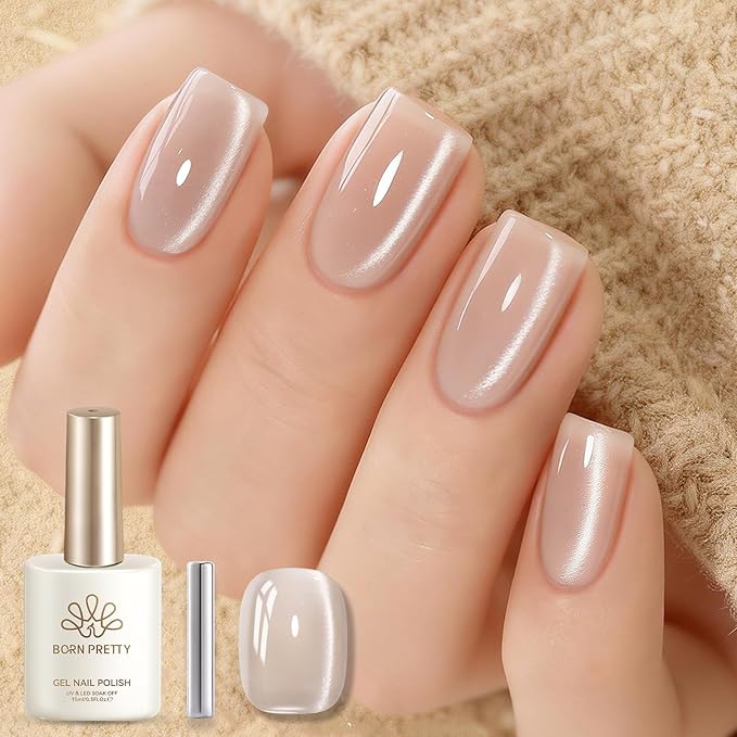 Born Pretty Glassy Cat Magnetic Eye Gel Nail Polish,Glitter Nude Jelly Translucent Magnetic Gel Polish,Soak Off U V LED Gels Nail Art Design Manicure Salon DIY Home 15ML