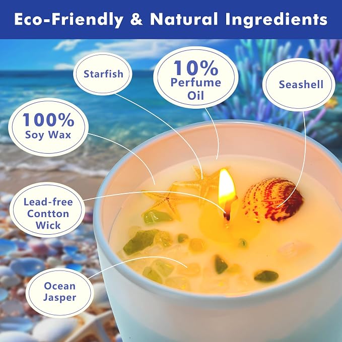 Ocean Scented Candles Gift for Women-10oz Aromatherapy Sea Beach Soy Candles for Home Scented with Healing Crystal inside-55H Burn Gifts for Valentine's Day, Birthday, Women, Mother's Day