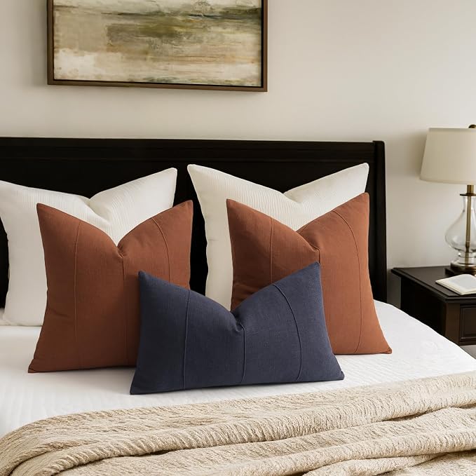 Decorative Linen Throw Pillow Covers 20x20 Set of 2 Solid Handcrafted Striped Cushion Covers for Bed Soft Modern Farmhouse Neutral Pillowcase for Couch Bedroom Living Room Home Decor(Rust)