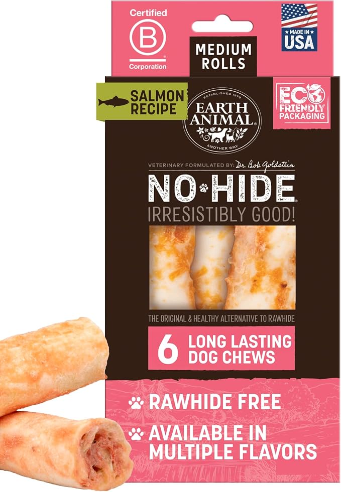 Earth Animal No Hide Dog Chews - Rawhide Free Medium Rolls 6 Count Salmon | Medium Salmon Flavored Natural Rawhide Free Long Lasting Dog Chews - Treats for Medium Dogs and Aggressive Chewers