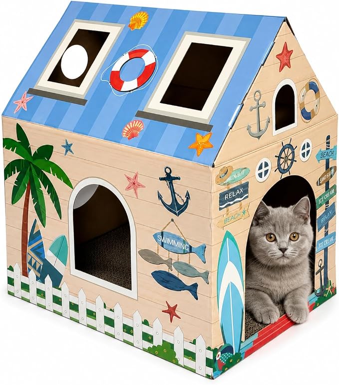 Cinrobiye Cardboard Cat House with Scratcher, Indoor Cat Condo Cat Cave Hideout with Scratch Pad, Cardboard Cat Playhouse Bed for Cats, Kittens, Rabbits & Small Pets (Seaside)