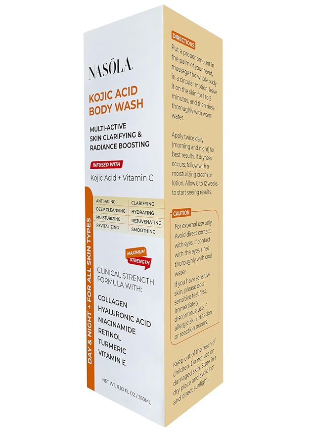 Nasola Kojic Acid Body Wash – Turmeric & Vitamin C Brightening Cleanser, Moisturizing Exfoliating Shower Gel for Women & Men – 11.8 fl oz