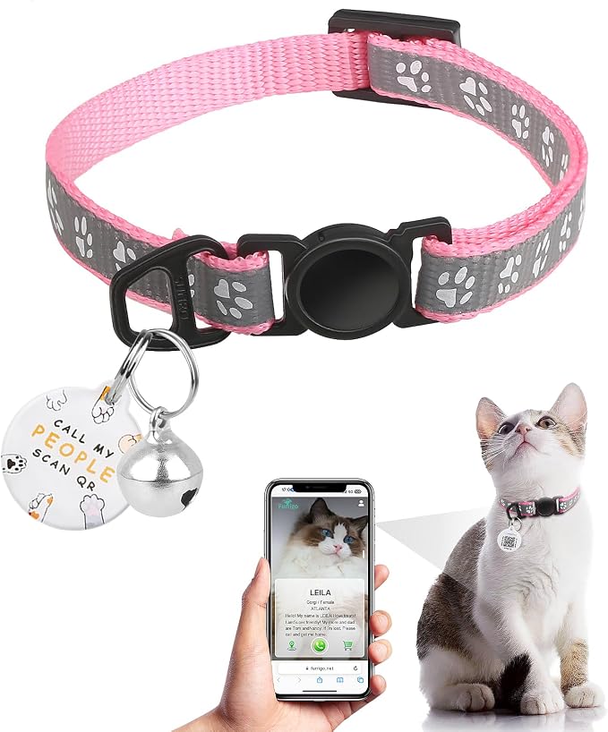 Breakaway Reflective Cat Collar with QR Name Tag & Bell (Pink)