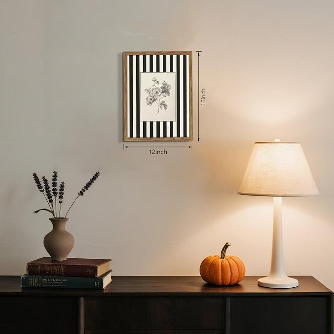 Framed Vintage Floral Wall Art, Black and White Stripes Flower Canvas Wall Decor Paintings, Minimalist Botanical Artwork Print Picture for Living Room Bedroom Bathroom 12x16 Inch